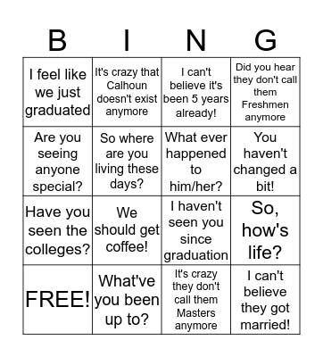 Reunion Bingo Card
