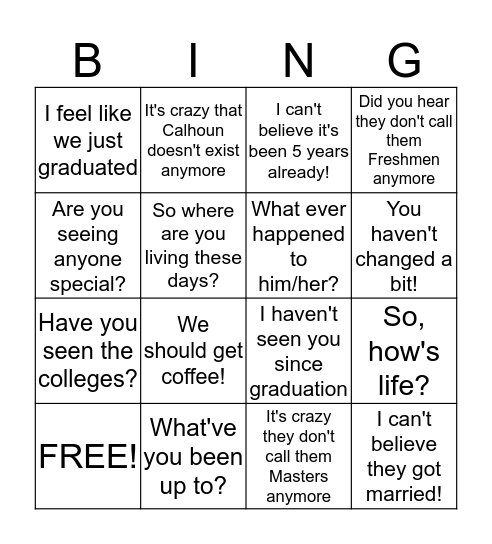 Reunion Bingo Card