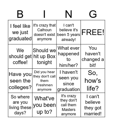 Reunion Bingo Card