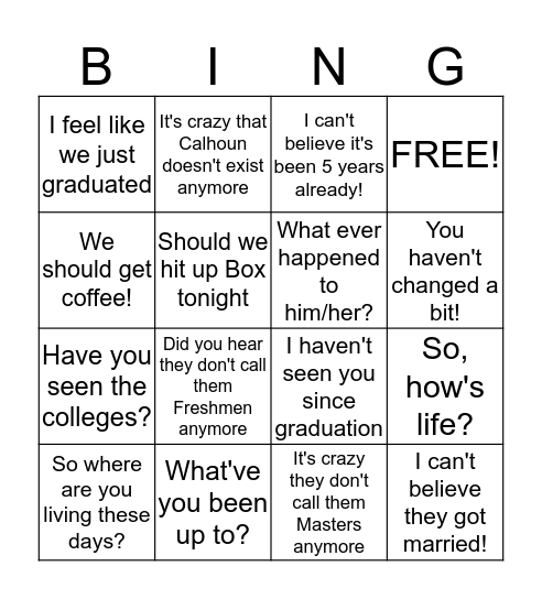 Reunion Bingo Card