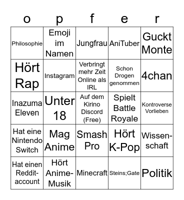 Opfer Bingo Card