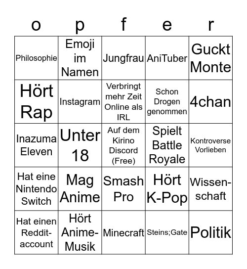 Opfer Bingo Card