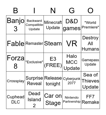 Microsoft E3 2019 Bingo Card