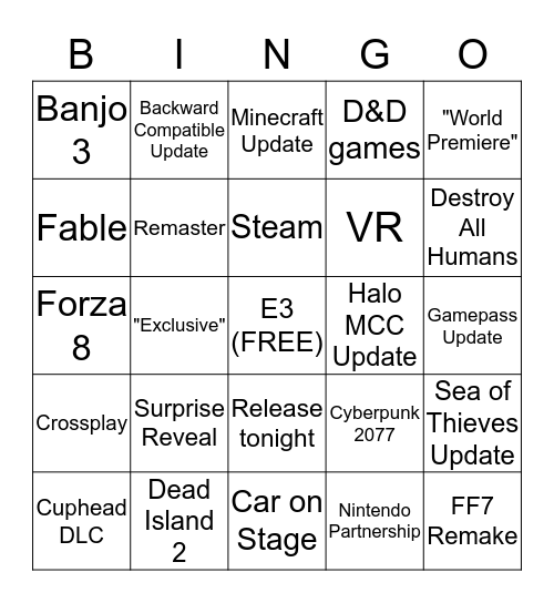 Microsoft E3 2019 Bingo Card