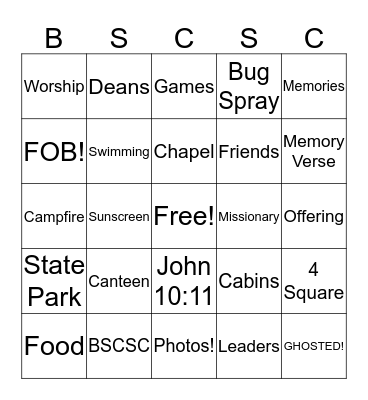 Camp Bingo Card