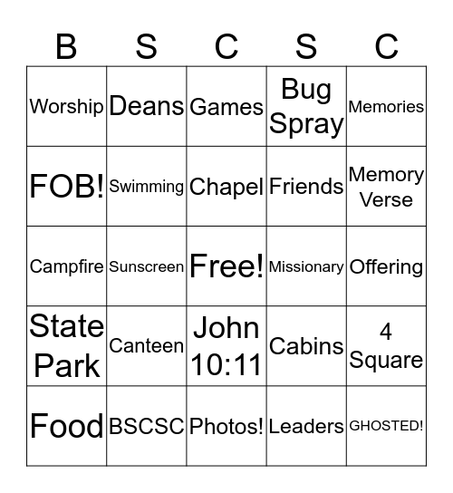 Camp Bingo Card
