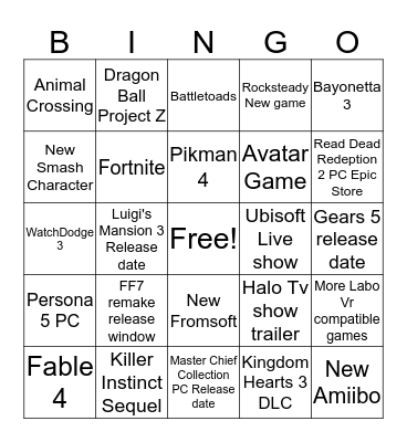 E3 Bingo 2019 Bingo Card