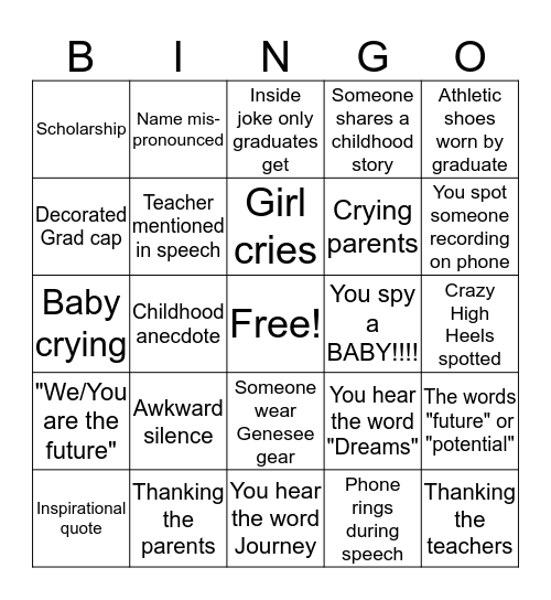 Graduation Bingo Card