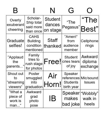 CAHS 2019 Graduation  Bingo Card