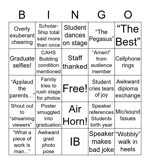 CAHS 2019 Graduation  Bingo Card