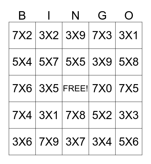 Multiplication Bingo Card