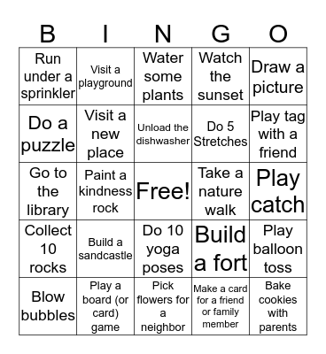 Summer Sensory Bingo Card