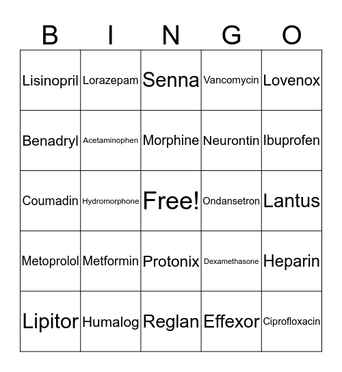 Medication Bingo Card