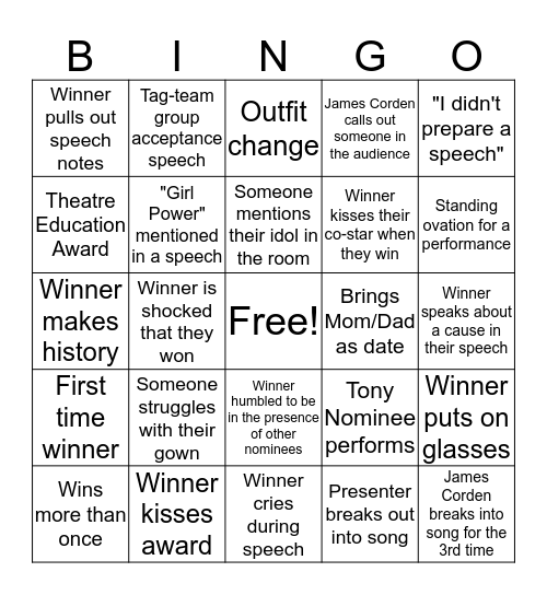 Tony Awards 2019 Bingo Card