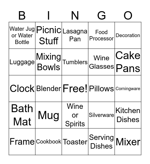 Wedding Gift Bingo Card