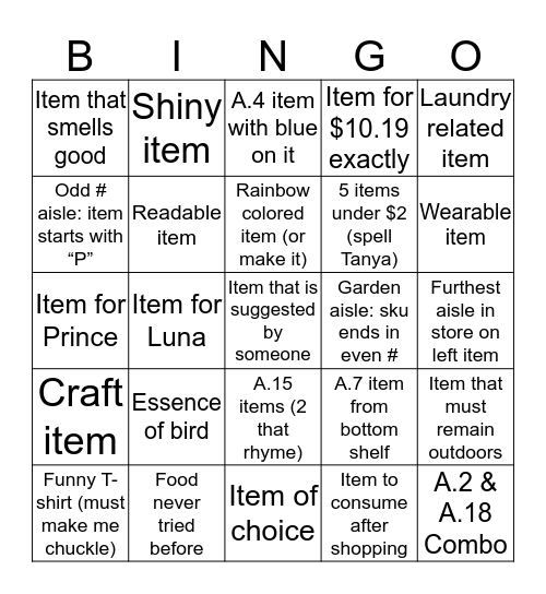 Tanya’s Shopping Spree Bingo $150 Budget Bingo Card