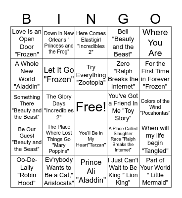 Disney Hits Bingo Card