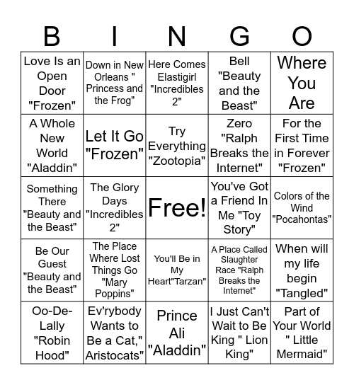 Disney Hits Bingo Card