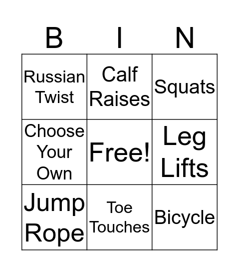 Fitness Bingo Card