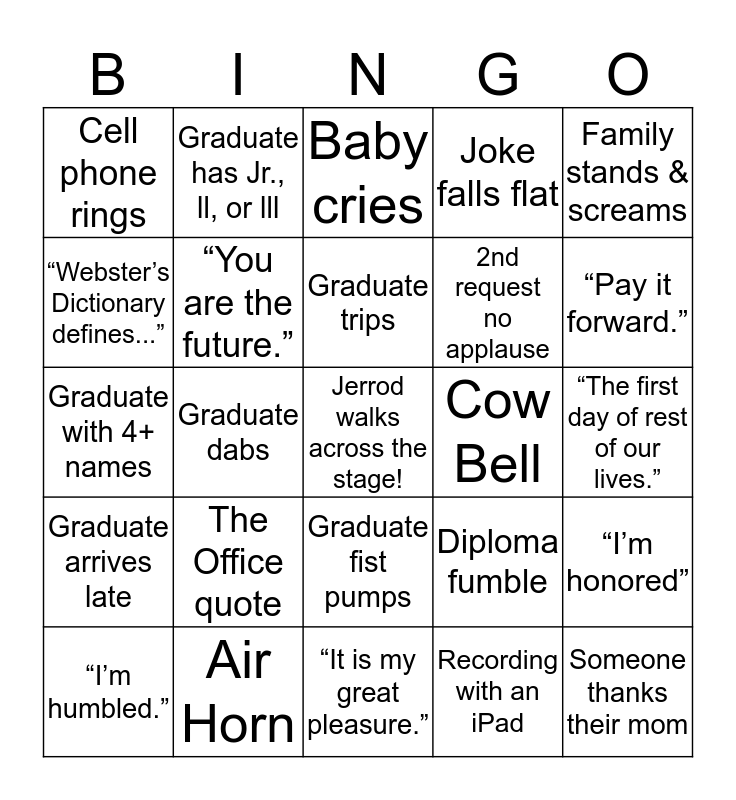 Jerrod’s Grad Bingo Card