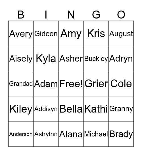 FAMILY NAMES Bingo Card