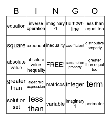 Numbers and Operations Bingo Card