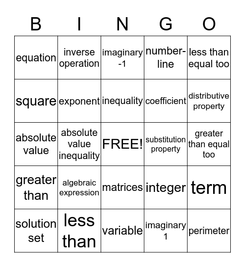 Numbers and Operations Bingo Card