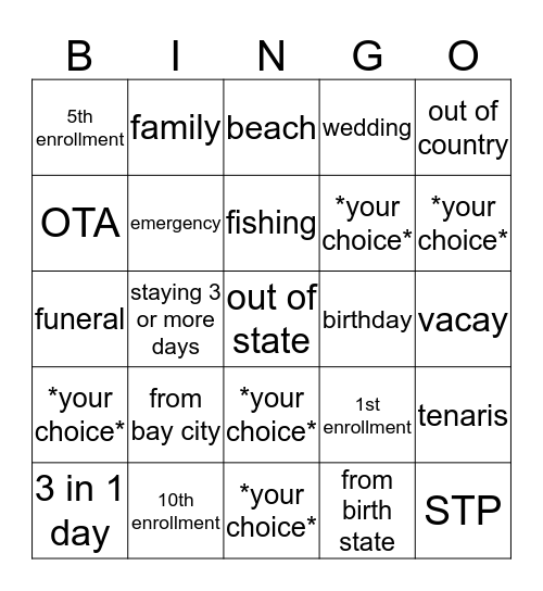 Enrollment Bingo Card