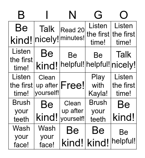 Behavior Bingo Card