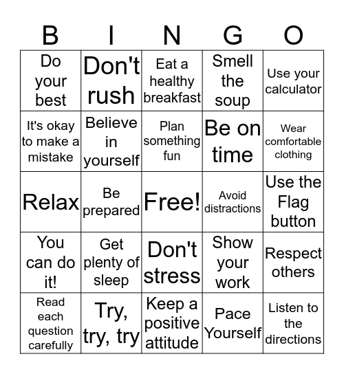 Test Taking Strategies Bingo Card