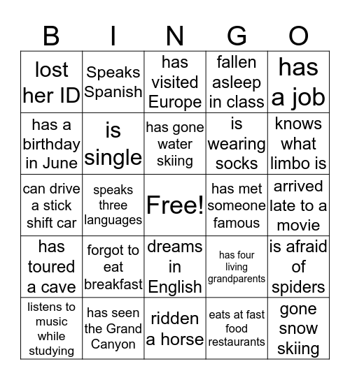 human class bingo
