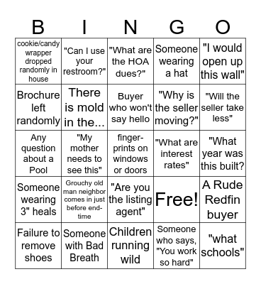 Realtor Open House Bingo Card