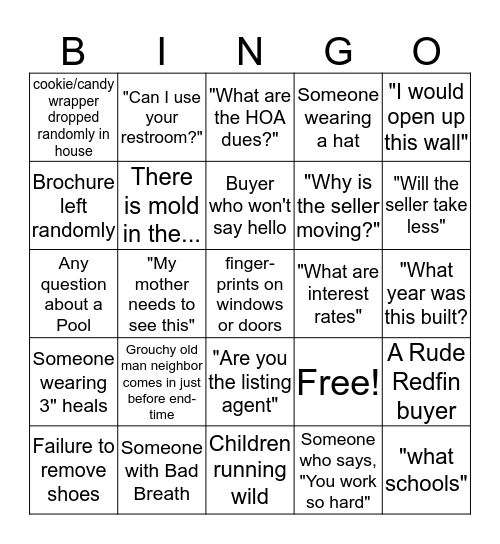 Realtor Open House Bingo Card