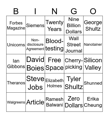 Theranos Book Project Bingo Card