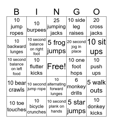 Fitness Bingo Card