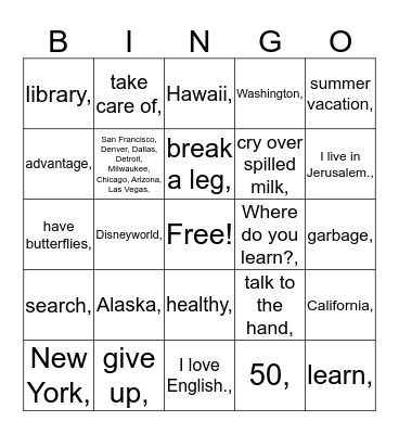 Kedma's English Day Bingo Card