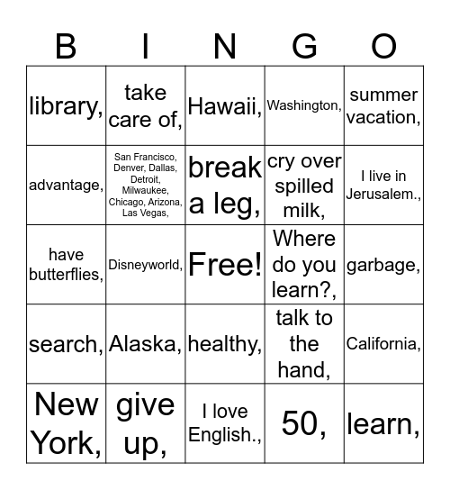 Kedma's English Day Bingo Card