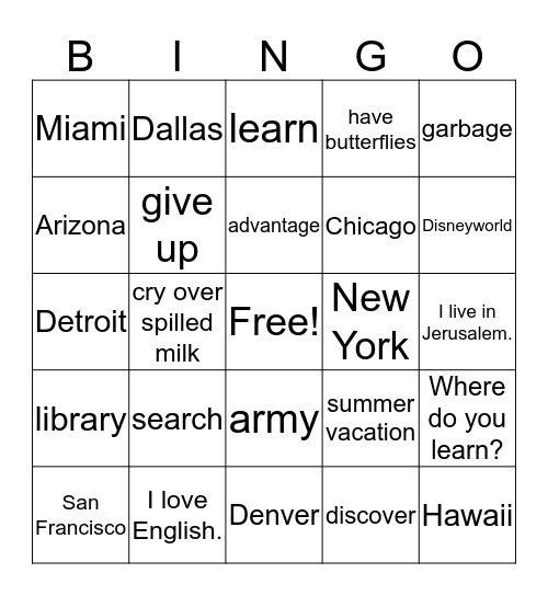 Kedma's English Day Bingo Card