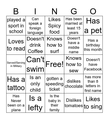 Find a Friend Bingo Card