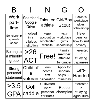Scholarship Bingo Card