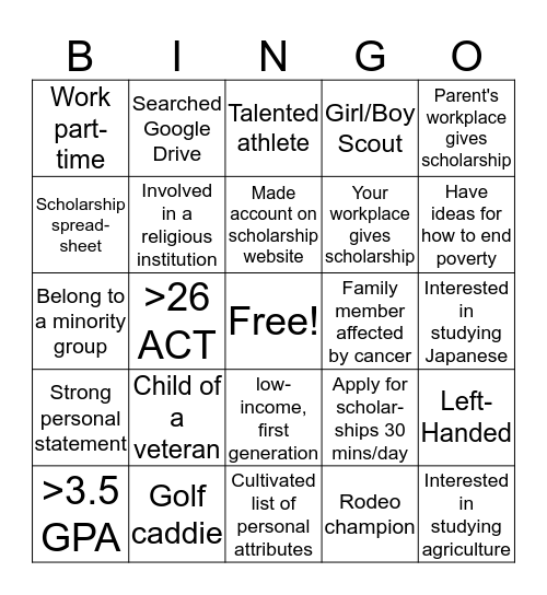 Scholarship Bingo Card