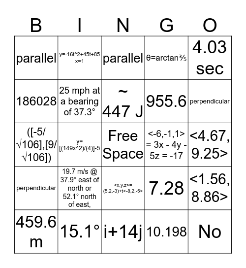 Unit 7 Vectors Bingo Card