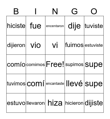 Preterite Tense Verbs Bingo Card