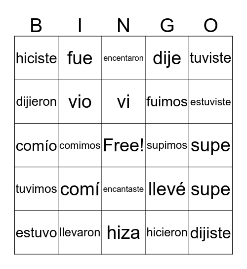 Preterite Tense Verbs Bingo Card