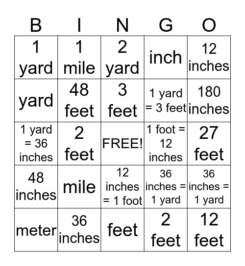 All About Measurement Bingo Card