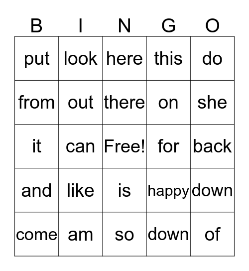 Sight Word Bingo Card