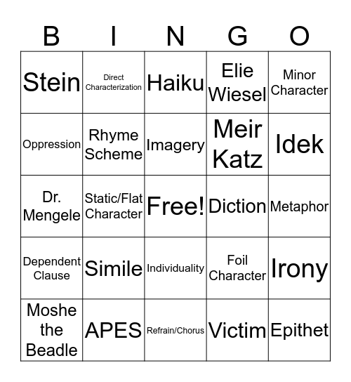 Freshman Exam Review Bingo Card