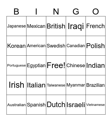 Nationalities Bingo Card