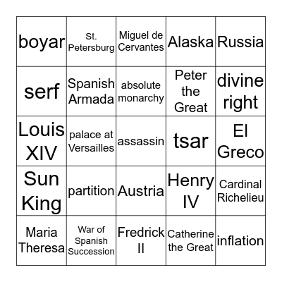 The Rise of the Monarchy Bingo Card
