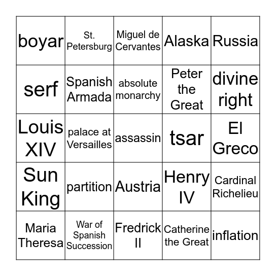 The Rise of the Monarchy Bingo Card